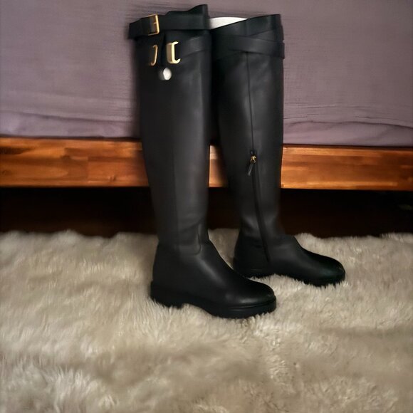 VALENTINO GARAVANI OVER THE KNEE LEATHER BOOTS, BLACK, SIZE 38 - Picture 1 of 7